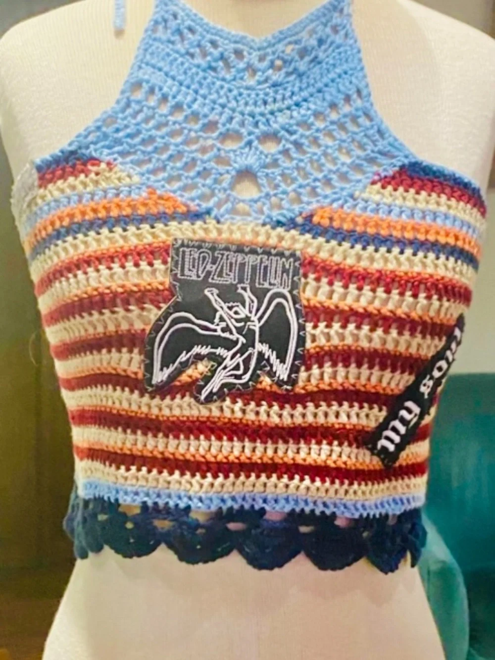 Custom Led Zeppelin VTG. 70’s Patch/Crochet Halter Top, Lace up,Adjustable Sz. - Picture 1 of 4